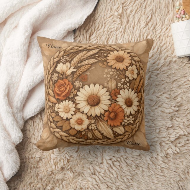 Boho Floral Woven Circle Customizable Throw Pillow Kudde (Filt)