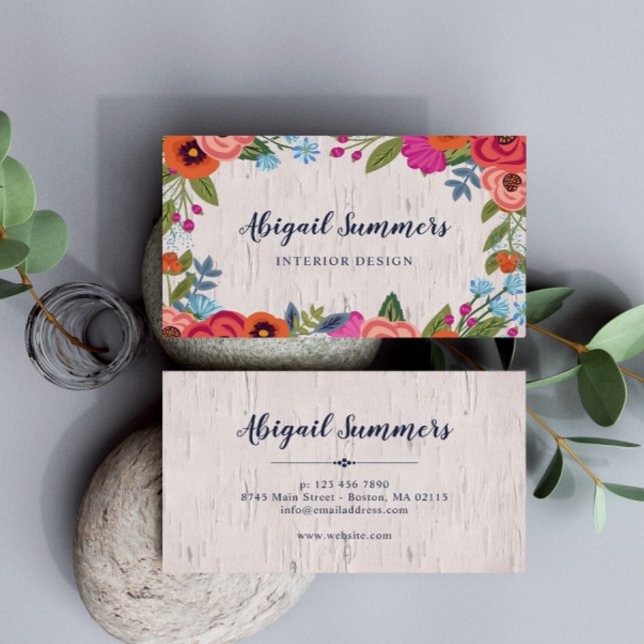 Boho Florals - Birch & Calligraphy Script Visitkort (Skapare uppladdad)