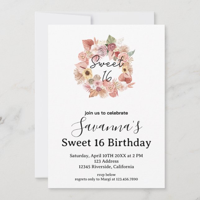 Boho Florals Personalized Sweet 16 Birthday Inbjudningar (Framsida)