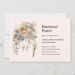 Boho Flower Bouquet i Neutralt Färg Birthday Inbjudningar