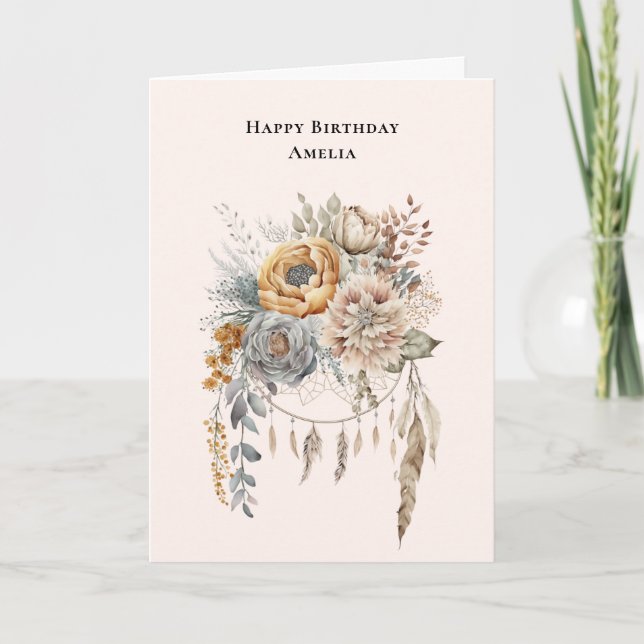 Boho Flower Bouquet och Dreamcatcher Birthday Kort (Framsida)