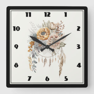 Boho Flower Bouquet och Dreamcatcher Fyrkantig Klocka