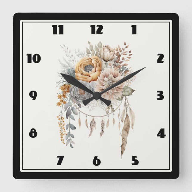 Boho Flower Bouquet och Dreamcatcher Fyrkantig Klocka (Framsida)
