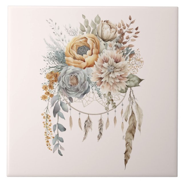 Boho Flower Bouquet och Dreamcatcher Kakelplatta (Framsidan)
