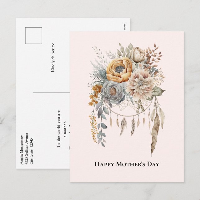 Boho Flower Bouquet och Dreamcatcher Mors dag Helg Vykort (Fram/baksida)