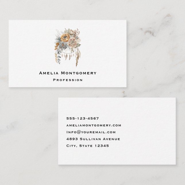 Boho Flower Bouquet och Dreamcatcher Visitkort (Fram/baksida)