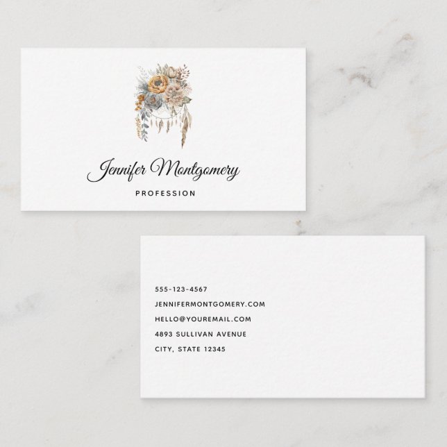 Boho Flower Bouquet och Dreamcatcher Visitkort (Fram/baksida)