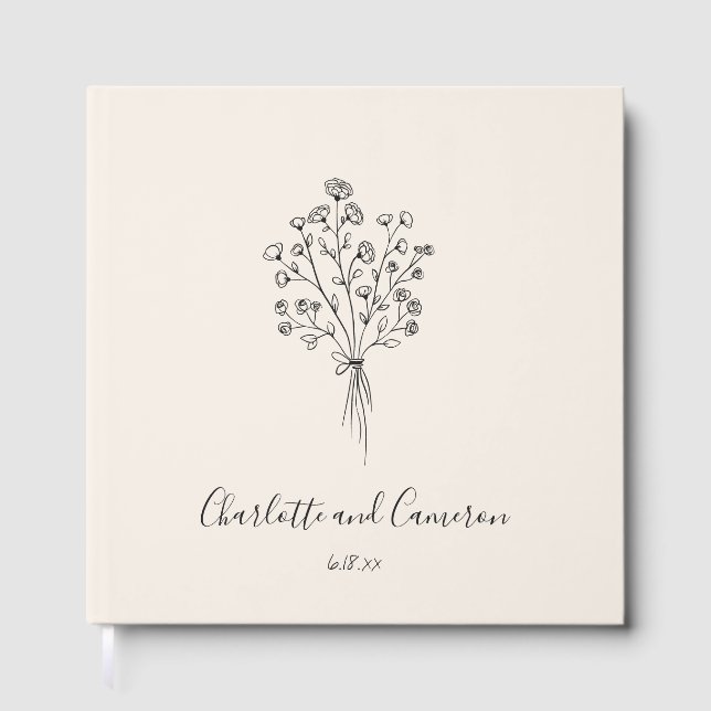 Boho Flower Line Art Drawing Custom Ivory Wedding  Gästböcker (Framsida)
