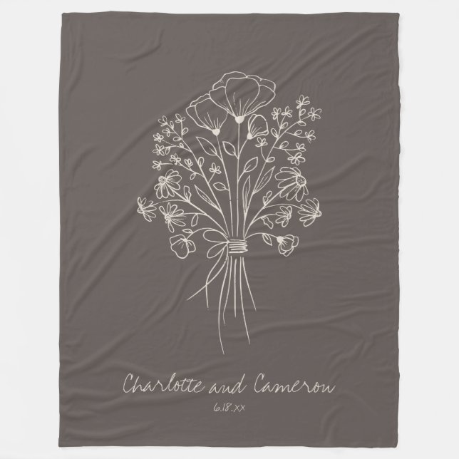 Boho Flower Line Art Drawing Personalized Brown Fleecefilt (Framsidan)