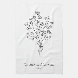 Boho Flower Line Art Teckning Personlig Bröllop  Kökshandduk