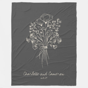 Boho Flower Line Art Teckning Personlig Namn Fleecefilt