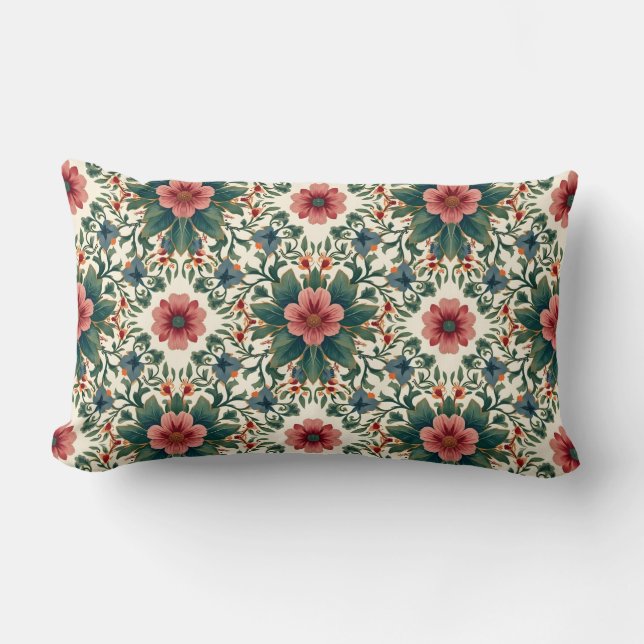 Boho Flower Magic - i nyanser av grönt och rosa Lumbarkudde (Framsida)