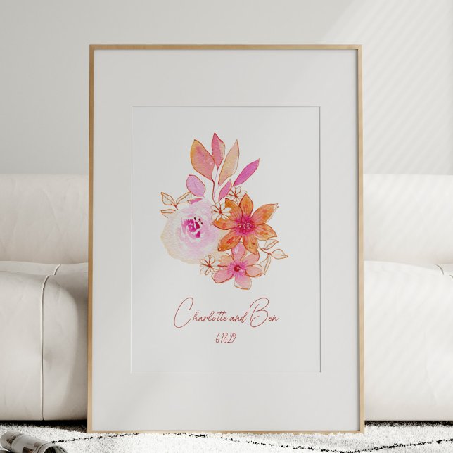 Boho Flower Pink Watercolor Personalized Wedding Poster (Skapare uppladdad)