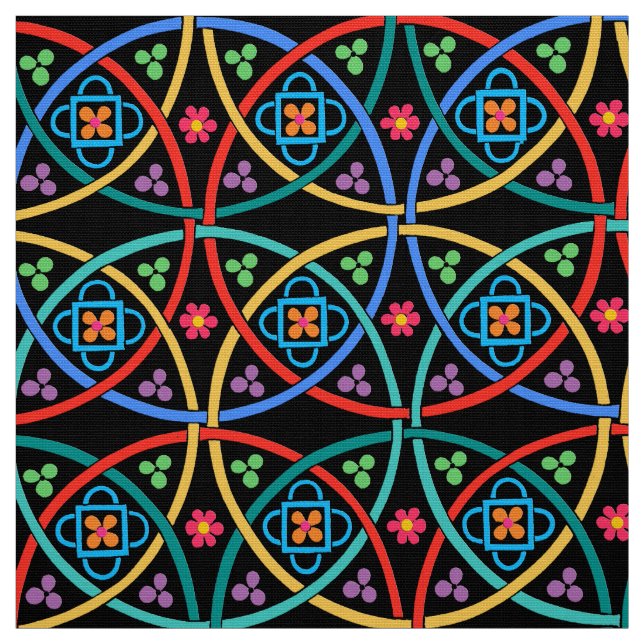 Boho flower power på svart tyg (Provkarta)