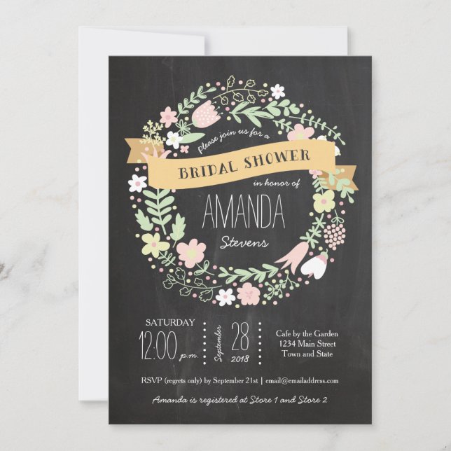 Boho Flower Wandan Rustic Chalkboard Bröllop Inbjudningar (Framsida)