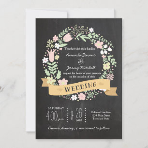 Boho Flower Wandan Rustic Chalkboard Bröllop Inbjudningar