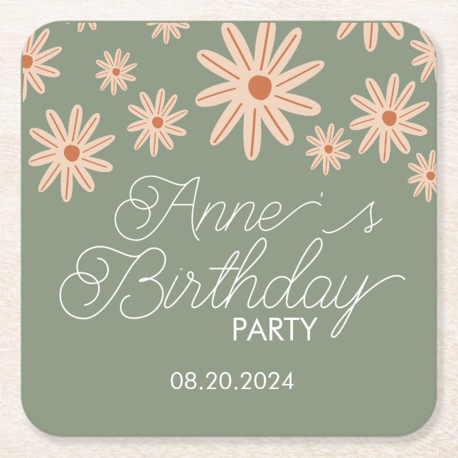 Boho Flowers alla åldrar födelsedag Underlägg Papper Kvadrat (Framsidan)