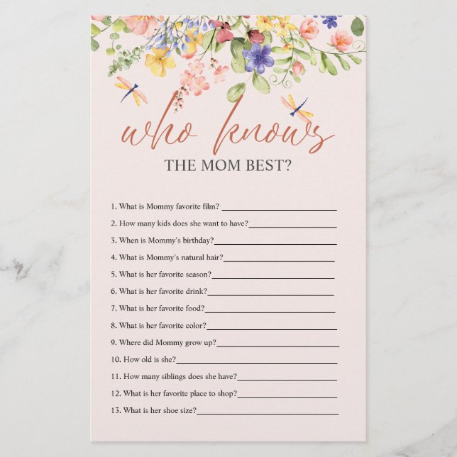 Boho Flowers and Dragonfly BABY SHOWER WHO KNOWS Flygblad (Framsidan)