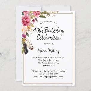Boho Flowers and Feathers Rustic 40 Birthday Inbjudningar