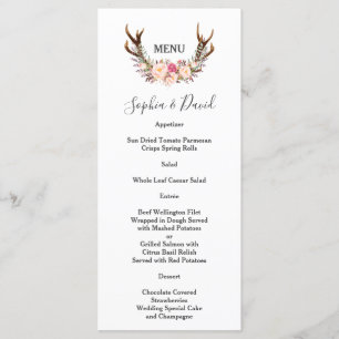 Boho  Flowers Antlers Bröllop Menu Meny