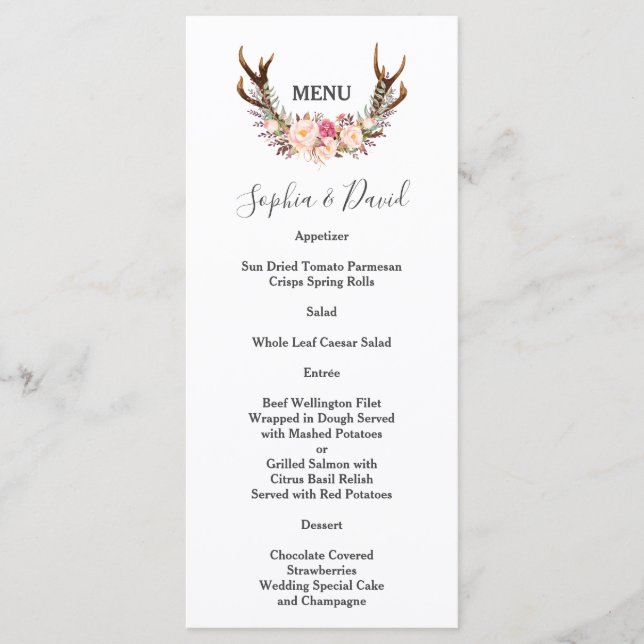 Boho  Flowers Antlers Bröllop Menu Meny (Framsida)