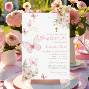 Boho Flowers Butterflies Minimalist Baptism Girl Inbjudningar