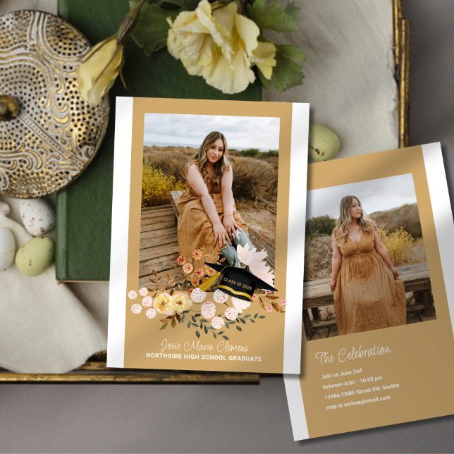 Boho Flowers & Cap Studenten Photo Investigation Inbjudningar (Skapare uppladdad)