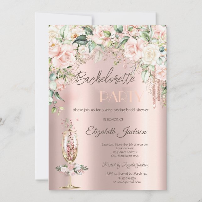Boho Flowers Champagne Glass Bachelorette Party Inbjudningar (Framsida)