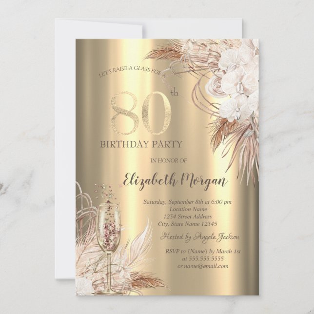 Boho Flowers,Champagne Glass Gold 80th Birthday Inbjudningar (Framsida)