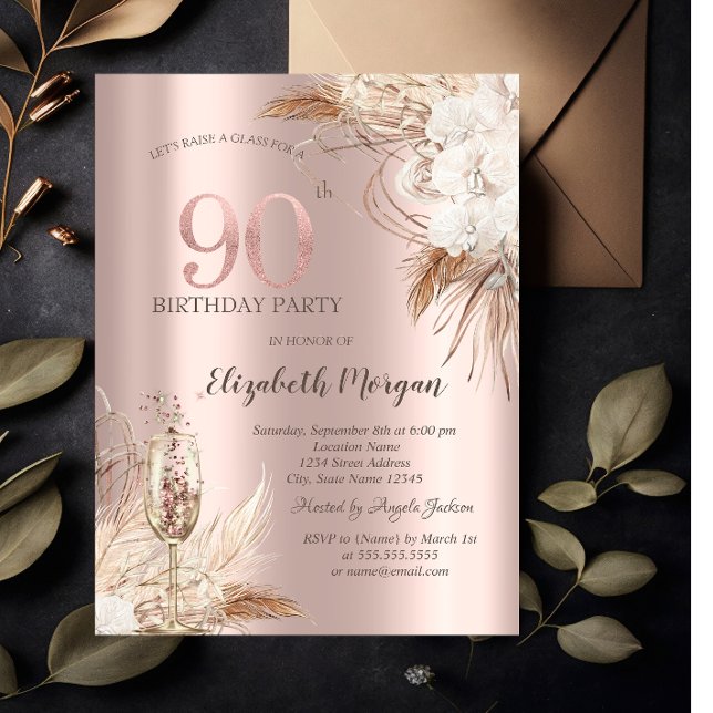 Boho Flowers,Champagne Glass,Ro Guld 90:e Inbjudningar (Skapare uppladdad)