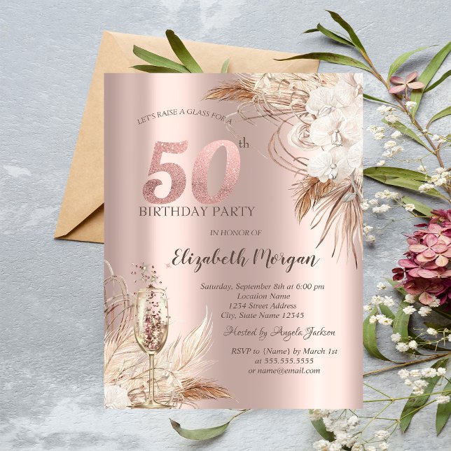 Boho Flowers,champagneglas,Ro Guld 50:e Inbjudningar (Skapare uppladdad)