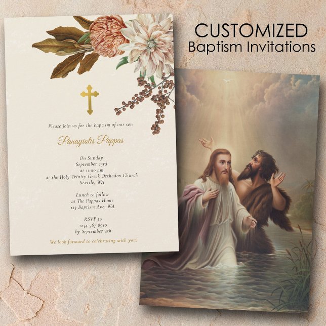 Boho Flowers Christening Christian Kor Baptism Inbjudningar (Boho Flowers Orthodox Christian Gold Cross Baptism Invitation)