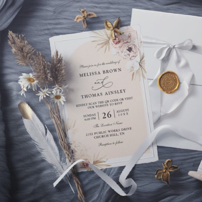 Boho Flowers Elegant Modern Budget QR Code Wedding Inbjudningar (Skapare uppladdad)
