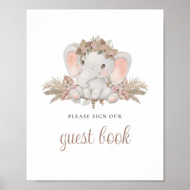 Boho Flowers Elephant Baby Shower Guest Bok-tecken Poster (Framsidan)