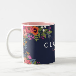 Boho Flowers - Flottblått med Rosa Monogram Två-Tonad Mugg