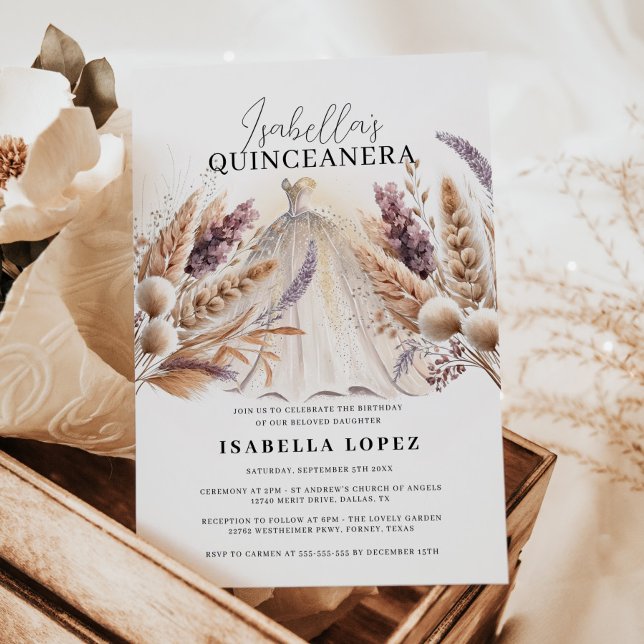 Boho Flowers & Glittery Princess Dress Quinceanera Inbjudningar (Skapare uppladdad)