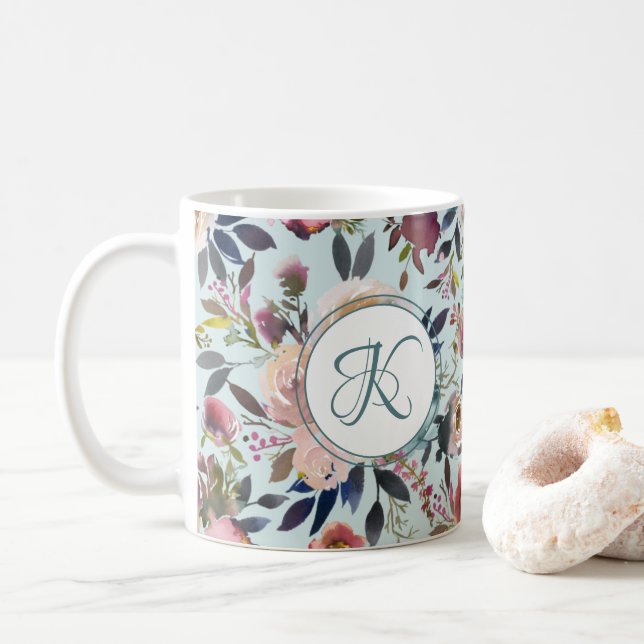 Boho Flowers Grönt Rosa Monogram Kaffemugg (Med munk)