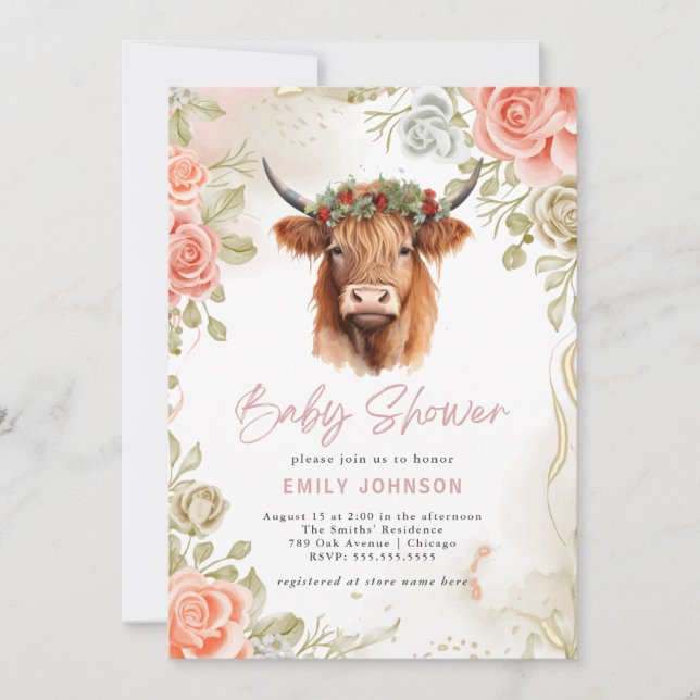 Boho Flowers Highland Cow Baby Shower Inbjudningar (Framsida)