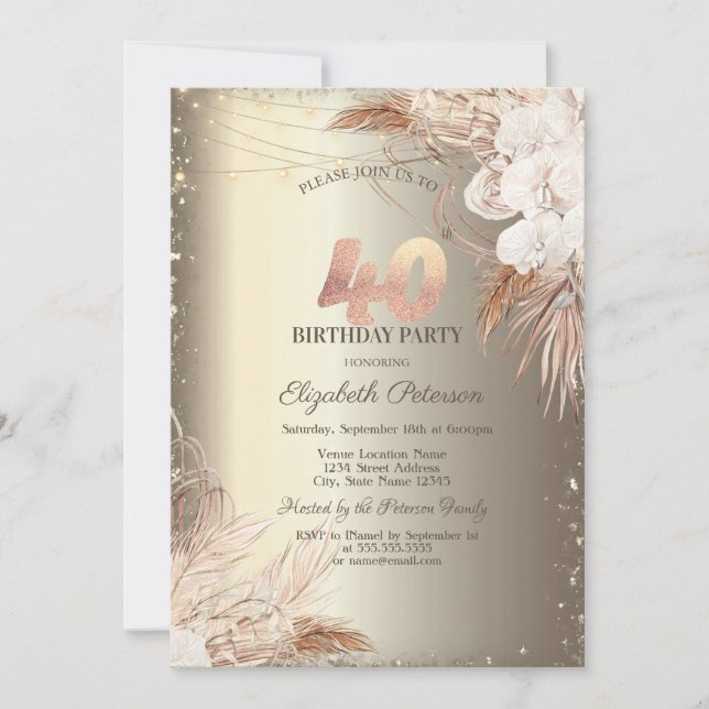 Boho Flowers,Lights Glitter Frame Gold 40th  Inbjudningar (Framsida)