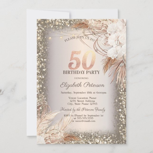 Boho Flowers, Ljus Glitter Ram, 50:e födelsedagen Inbjudningar (Framsida)