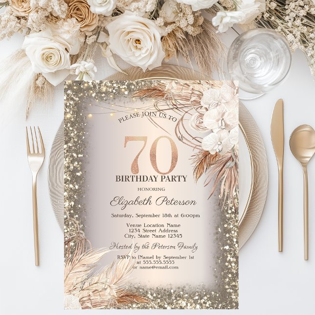 Boho Flowers,Ljus Glitter Ram 70:e födelsedagen Inbjudningar (Skapare uppladdad)