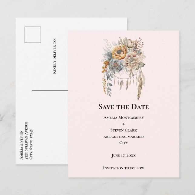 Boho Flowers med en Dreamcatcher Spara datumet Meddelande Vykort (Fram/baksida)
