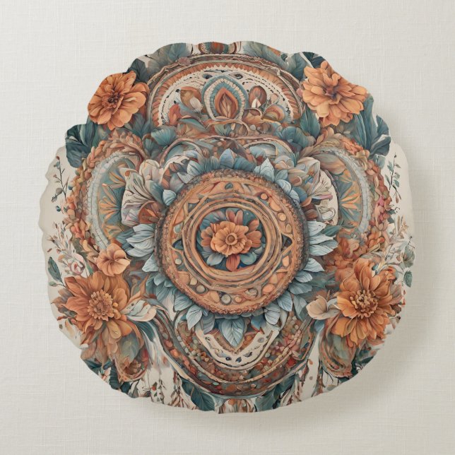 Boho Flowers Modern Art Round Pillow Rund Kudde (Framsidan)