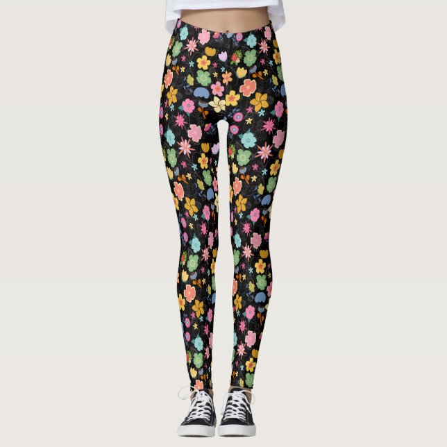 Boho Flowers Mönster B01.b Black BG Leggings (Framsida)