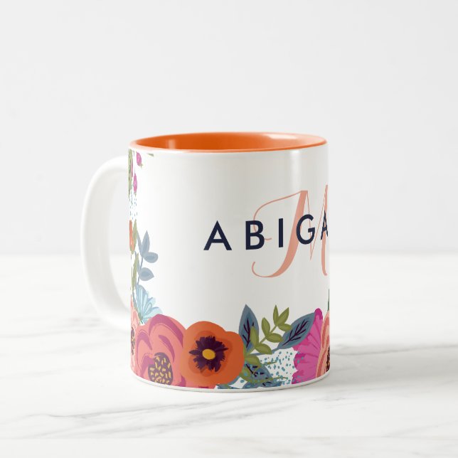 Boho Flowers - Namn och Monogram Två-Tonad Mugg (Framsida vänster)