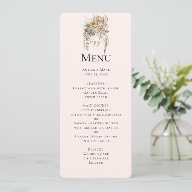 Boho Flowers och Dreamcatcher - Bröllop Menu Inbjudningar (Stående Fram)