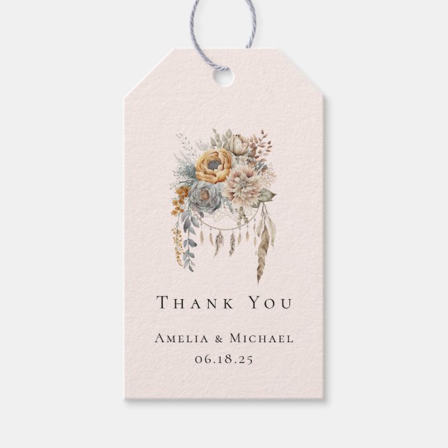 Boho Flowers och Dreamcatcher - Bröllop Tack Presentetikett (Framsidan)
