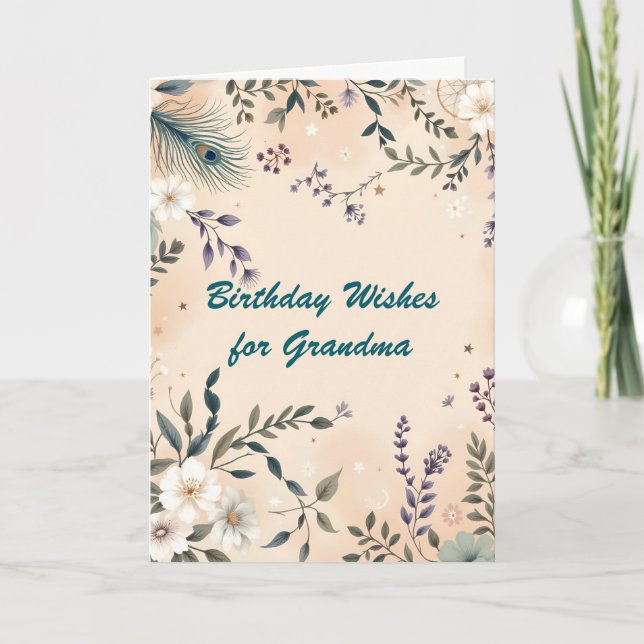 Boho Flowers och Peacock Feather Grandma Birthday Kort (Framsida)