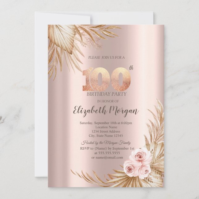 Boho Flowers Pampas Ro Guld 100-årsdagen Inbjudningar (Framsida)
