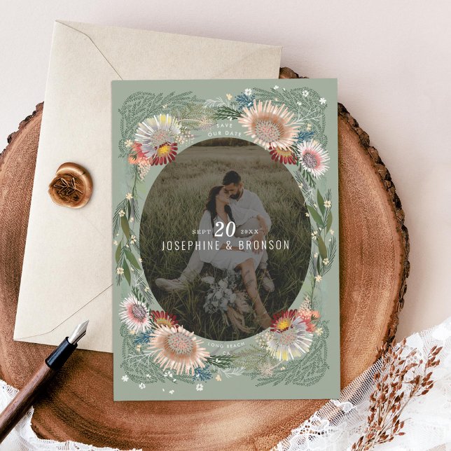 Boho Flowers Photo Save Date Card (Skapare uppladdad)